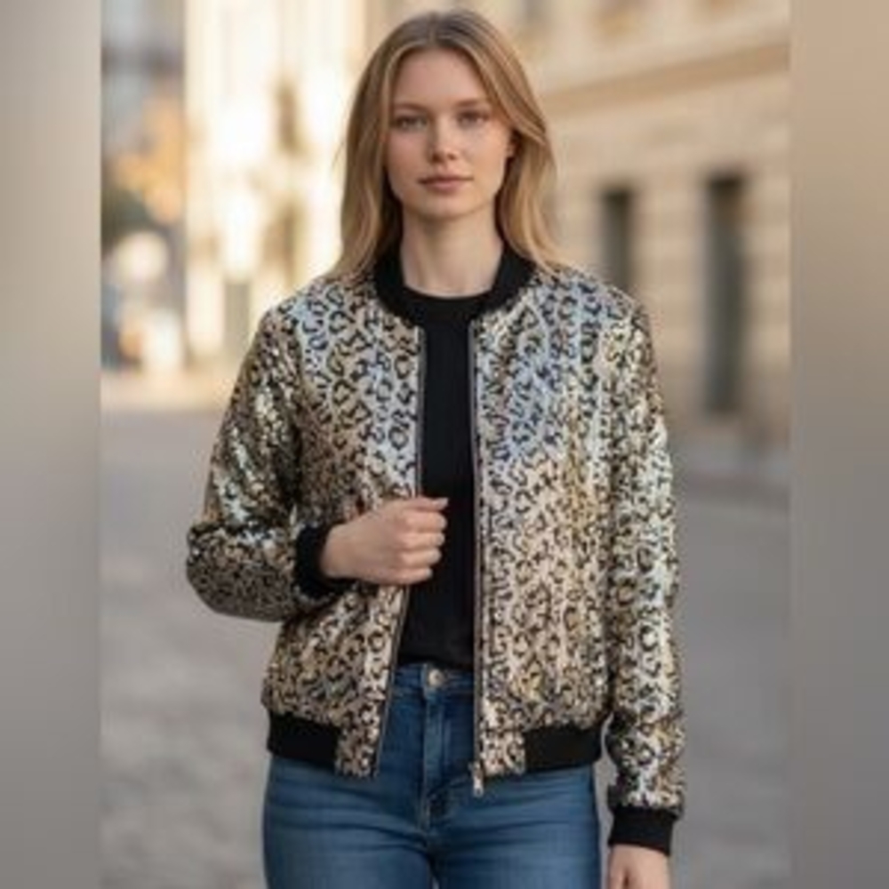Sequin Leopard Print Bomber Jacket NWT - image 1